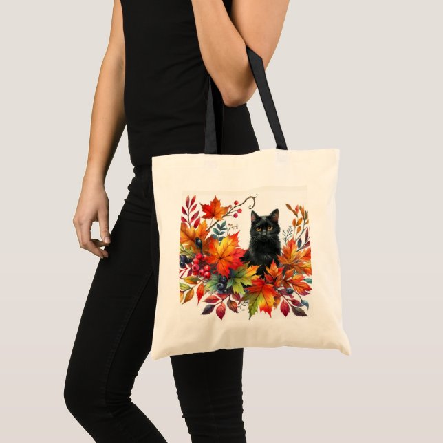 Tote Bag Feuilles de la saison d'automne et chat noir (Devant (produit))