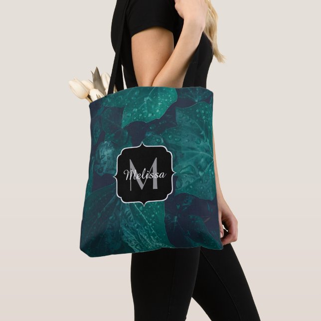 Tote Bag Feuilles de lierre vert émeraude foncé monogramme  (De près)