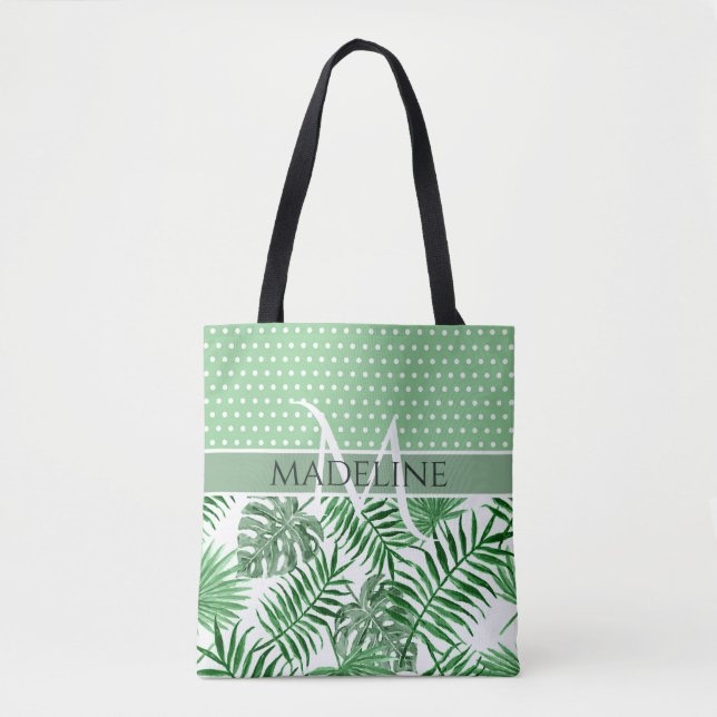 Tote Bag Feuilles de palme personnalisées Motif Pois blanc (Devant)