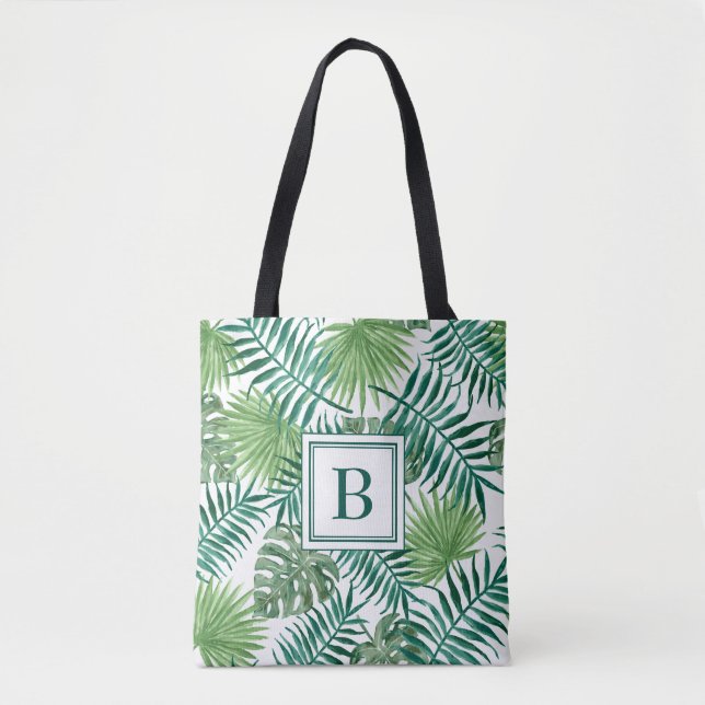 Tote Bag Feuilles de palmier botaniques vertes à monogramme (Devant)