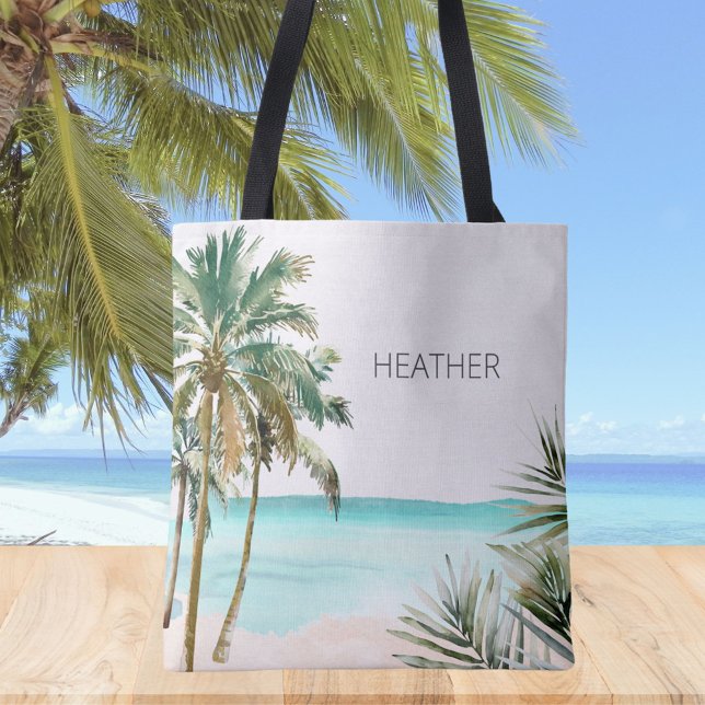 Tote Bag Feuilles de palmier tropicales monogrammées Plage  (In situ)