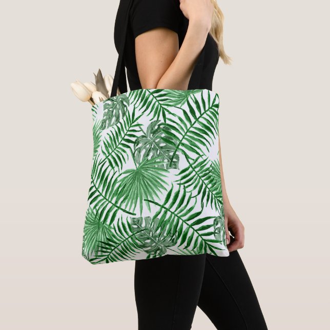 Tote Bag Feuilles de palmier vert tropical chic Art d'été (De près)