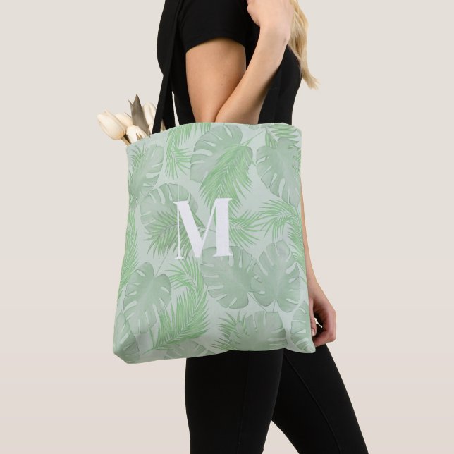 Tote Bag Feuilles de palmiers Monogrammes sur mesure verts (De près)