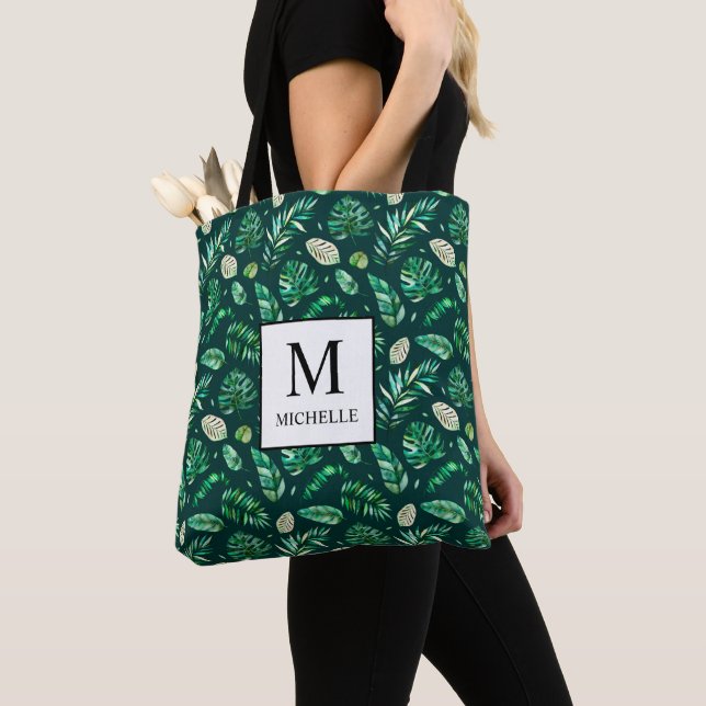 Tote Bag Feuilles de palmiers tropicaux d'été Monogramme et (De près)
