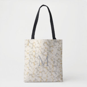Tote Bag Feuilles d'or gris crème monogramme Design abstrai