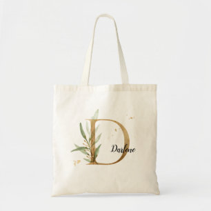 Tote Bag Feuilles d'or vert Élégant feuillage Monogramme