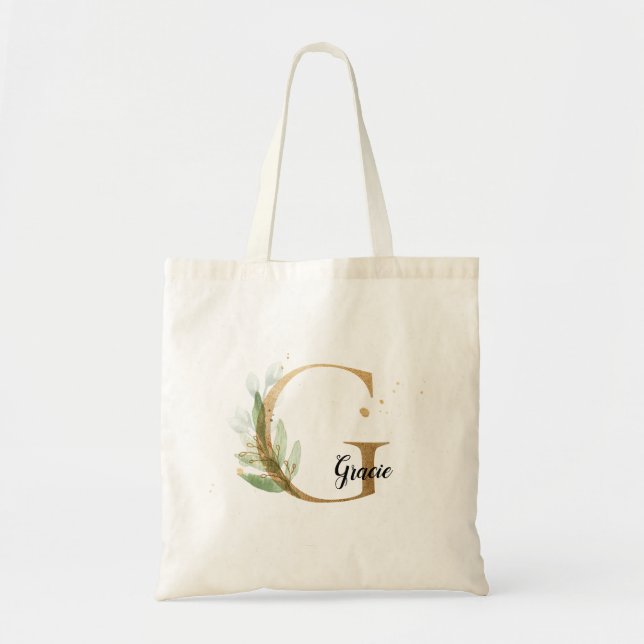 Tote Bag Feuilles d'or Vert Élégant Feuillage Monogramme G  (Devant)