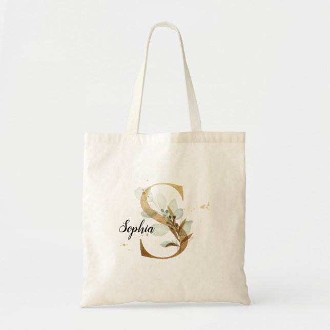 Tote Bag Feuilles d'or Vert Élégant Feuillage Monogramme "S (Devant)