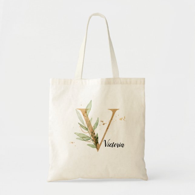 Tote Bag Feuilles d'or Vert Élégant Feuillage Monogramme "V (Devant)