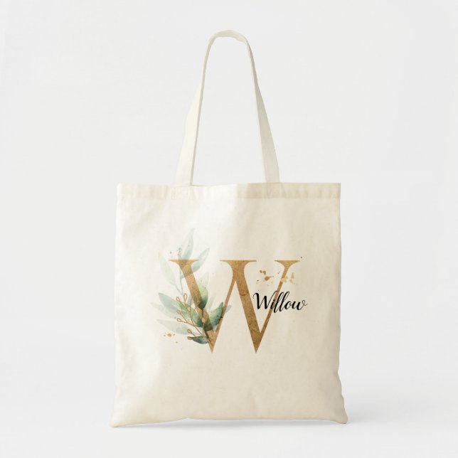 Tote Bag Feuilles d'or Vert Élégant Foliage Personnaliser " (Devant)
