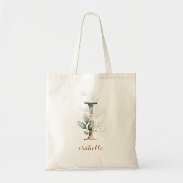 Tote Bag Feuilles d'or vert feuillage Lettre personnalisée  (Devant)