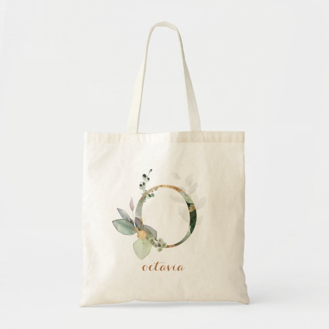 Tote Bag Feuilles d'or vert feuillage Lettre personnalisée 