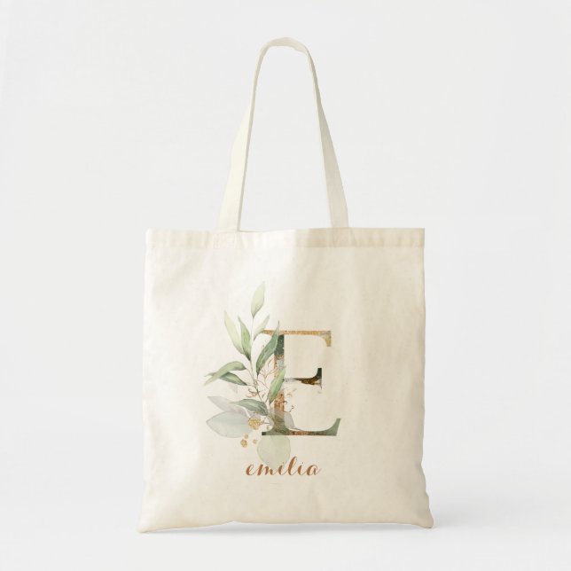 Tote Bag Feuilles d'or vert feuillage Lettre personnalisée  (Devant)