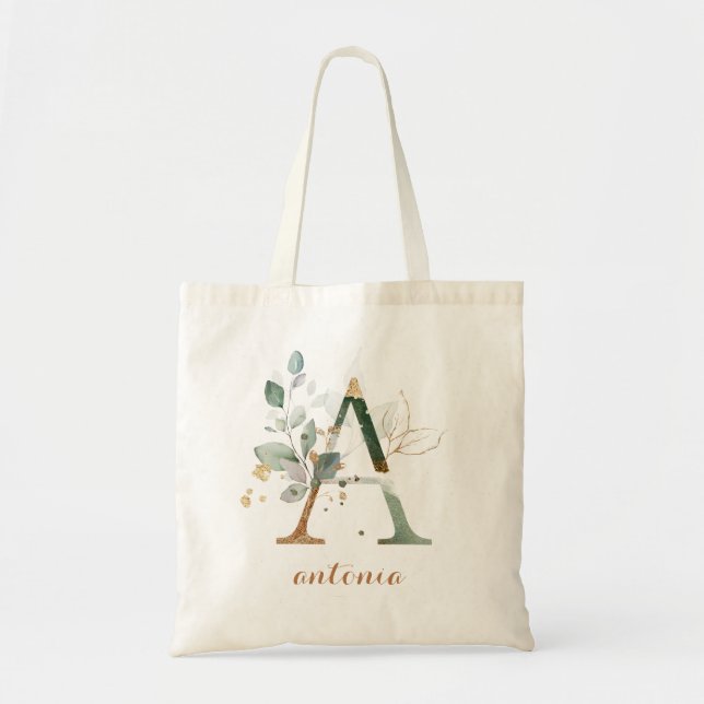 Tote Bag Feuilles d'or vert feuillage Lettre personnalisée  (Devant)