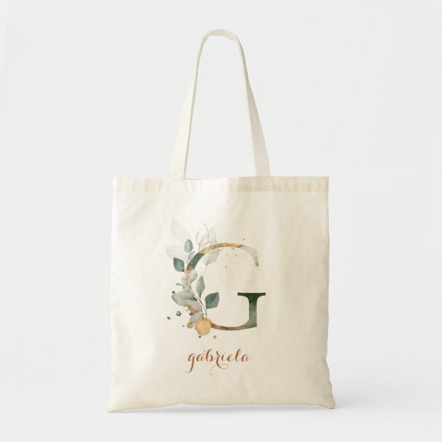 Tote Bag Feuilles d'or vert feuillage Lettre personnalisée  (Devant)