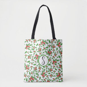 Tote Bag Feuilles et baies de Noël rouges et verts