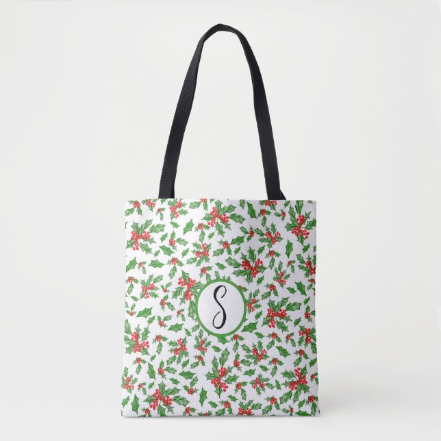 Tote Bag Feuilles et baies de Noël rouges et verts (Devant)