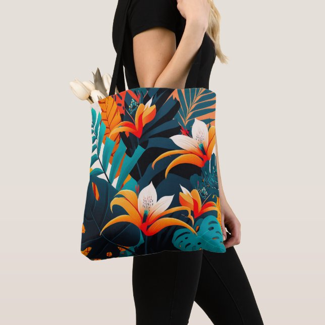 Tote Bag Feuilles et fleurs tropicaux colorés et élégants | (De près)