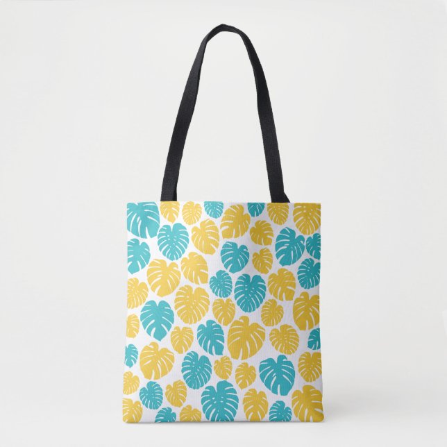 Tote Bag Feuilles Monstera en Turquoise, Jaune et Blanc (Devant)