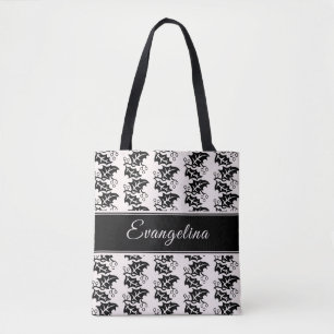 Tote Bag Feuilles noirs rose vif personnalisés