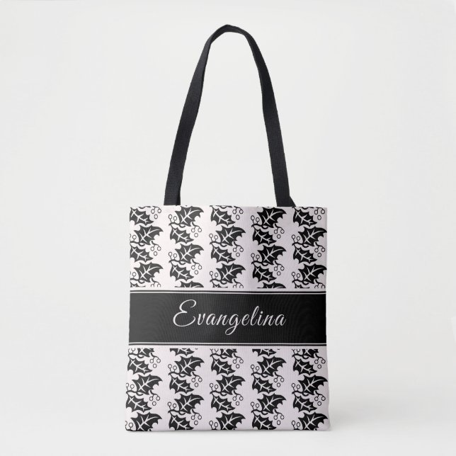 Tote Bag Feuilles noirs rose vif personnalisés (Devant)