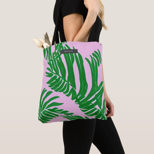 Tote Bag Feuilles Preppy Pink & Green Tropical Palm (De près)