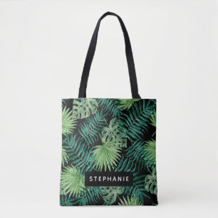Tote Bag Feuilles Tropical Palm sur Noir Personnalisé