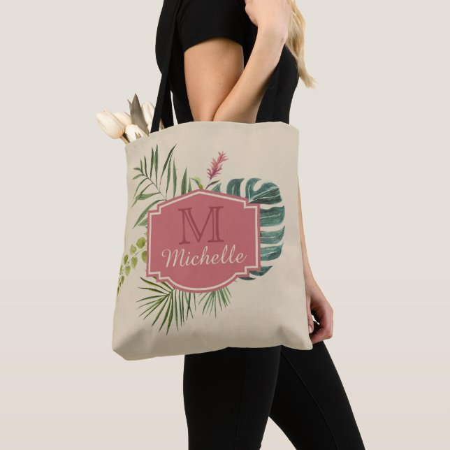 Tote Bag Feuilles tropicaux avec nom et monogramme (De près)