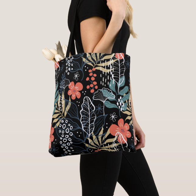 Tote Bag Feuilles tropicaux et motif de fleurs (De près)