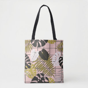 Tote Bag Feuilles tropicaux, fleurs, motif peint à la main.