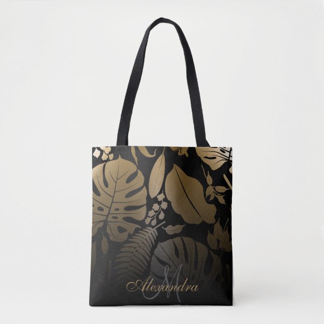 Tote Bag Feuilles tropicaux Noir et Or (Devant)