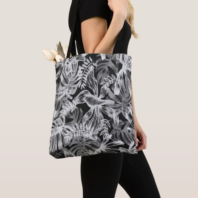 Tote Bag Feuilles tropicaux noirs et blancs (De près)