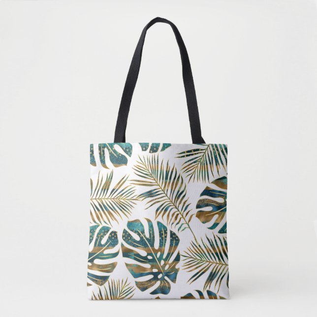 Tote Bag feuilles tropicaux turquoises et dorés (Devant)