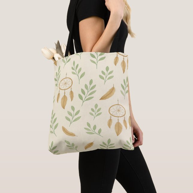 Tote Bag Feuilles vert sauge et beige Boho  (De près)
