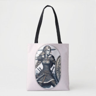 Tote Bag Fierce Valkyrie Warrior - Norse Mythology Line Art