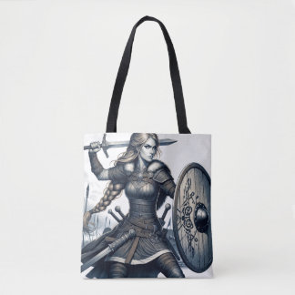 Tote Bag Fierce Valkyrie Warrior - Norse Mythology Line Art