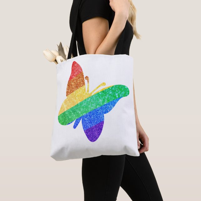 Tote Bag Fierté LGBTQA+ papillon arc-en-ciel (De près)