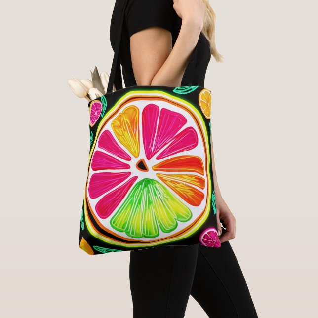 Tote Bag Fiesta de fruits d'agrumes de néon (De près)