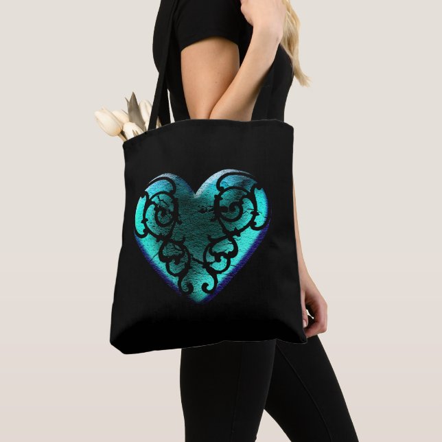 Tote Bag Filigree Goth Ice Blue Heart (De près)