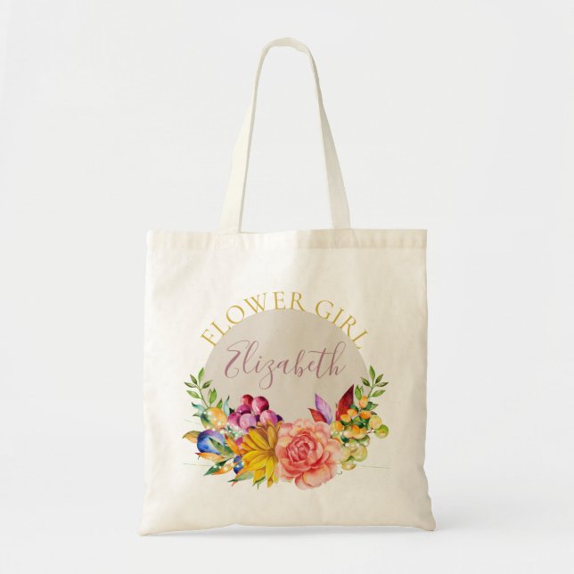 Tote Bag Fille à fleurs avec nom Bouquet floral (Devant)