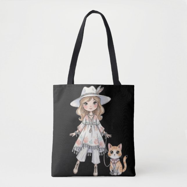 Tote Bag Fille à la mode se promenant avec son chat (Devant)
