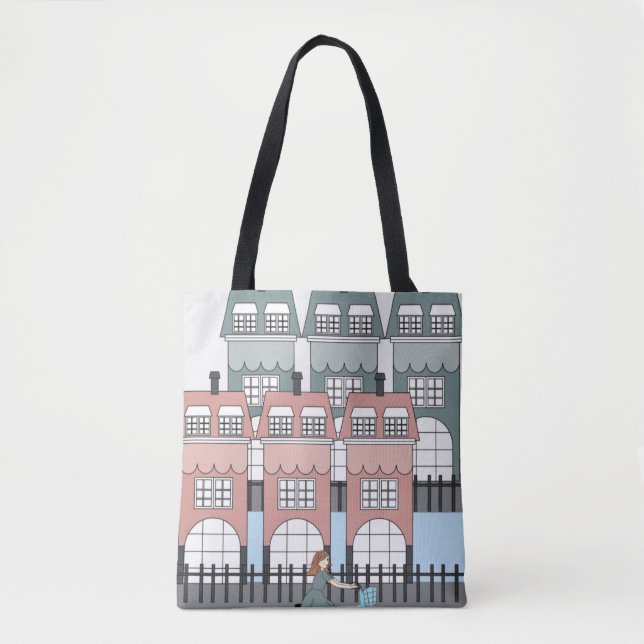 Tote Bag Fille à vélo passant devant les hautes maisons d'A (Devant)