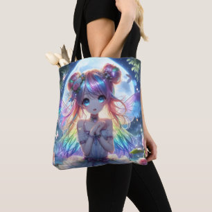 Tote Bag Fille Anime Cheveux Arc-en-Ciel Chantant Fée Lune