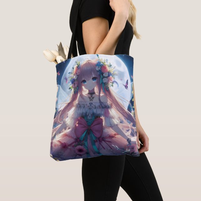 Tote Bag Fille Anime Fleur Lune Fée (De près)