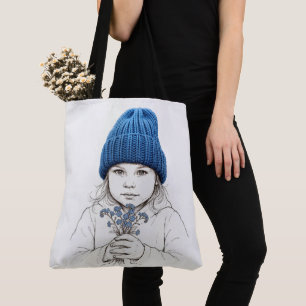 Tote Bag Fille avec un chapeau bleu tricoté