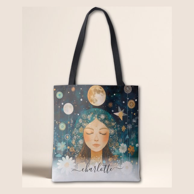 Tote Bag Fille Cosmique Illustration Boho Moon & Daisy Pers (Cosmic Girl Boho Moon & Daisy Illustration Custom Tote Bag)