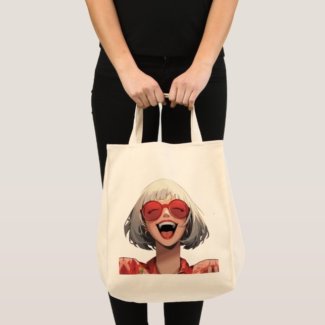 Tote Bag Fille d'anime joyeuse : Cheveux gris, Lunettes rou (Devant (produit))