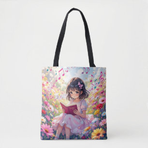 Tote Bag Fille d'anime lisant dans des fleurs et des notes
