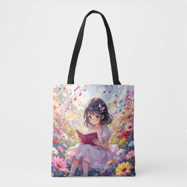 Tote Bag Fille d'anime lisant dans des fleurs et des notes  (Devant)