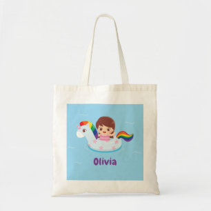 Tote Bag Fille dans un flotteur de piscine licorne arc-en-c